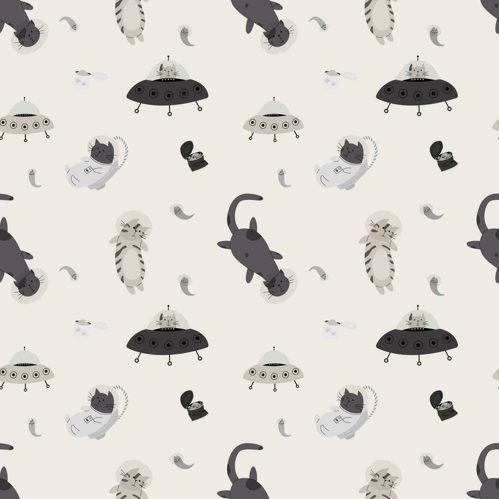 Seamless pattern with various astronaut cats in helmets, spacesuits playing among the stars in space. Vector illustration