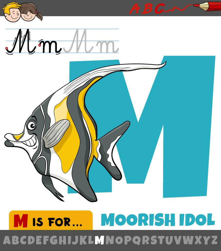 letter M from alphabet with cartoon moorish idol fish vector