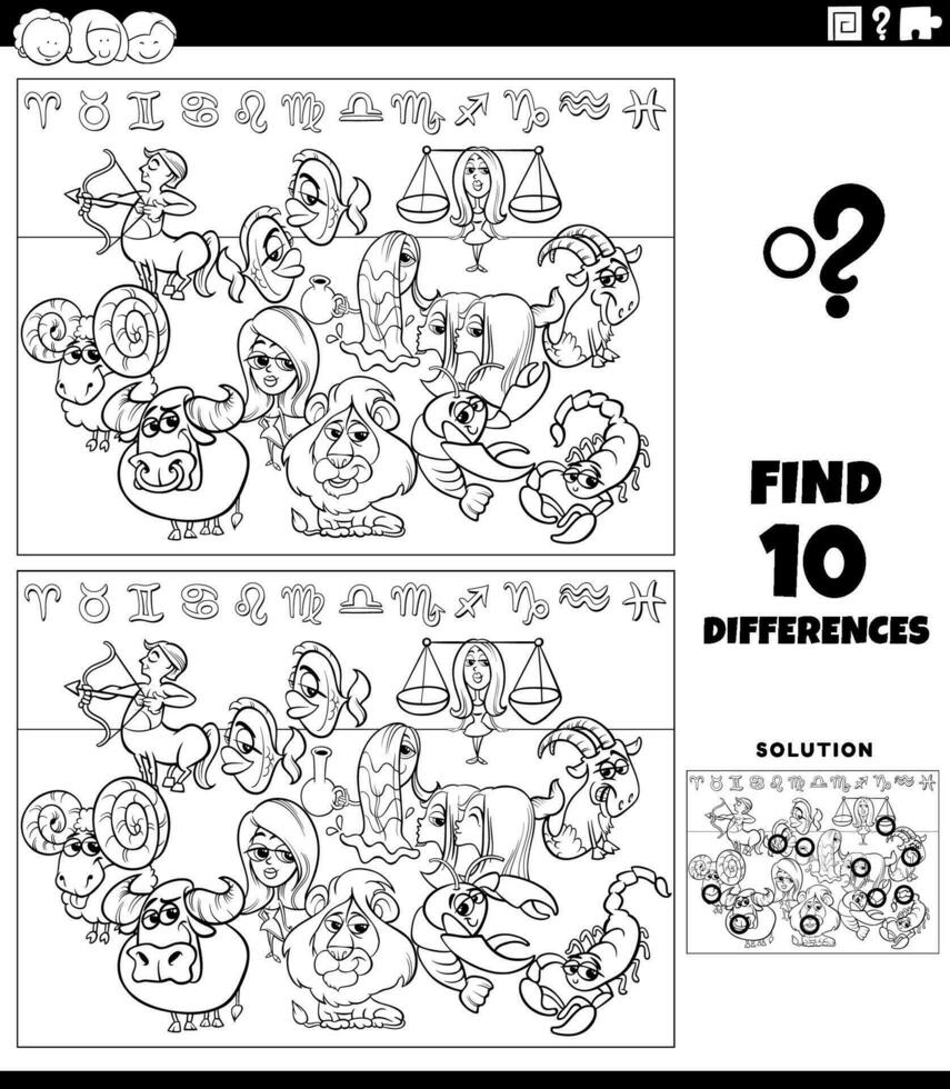 differences games with cartoon zodiac signs coloring page vector