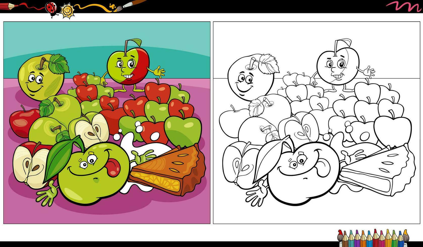 cartoon green and red apples and apple pie coloring page vector