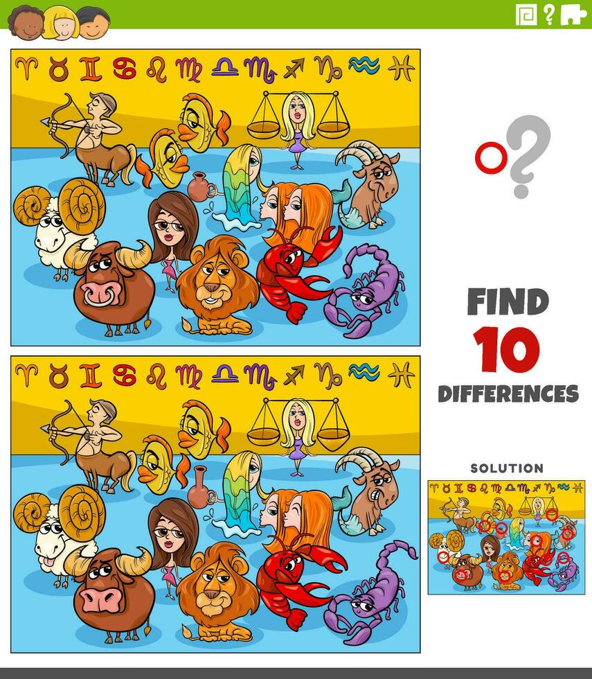 differences games with cartoon zodiac signs characters vector