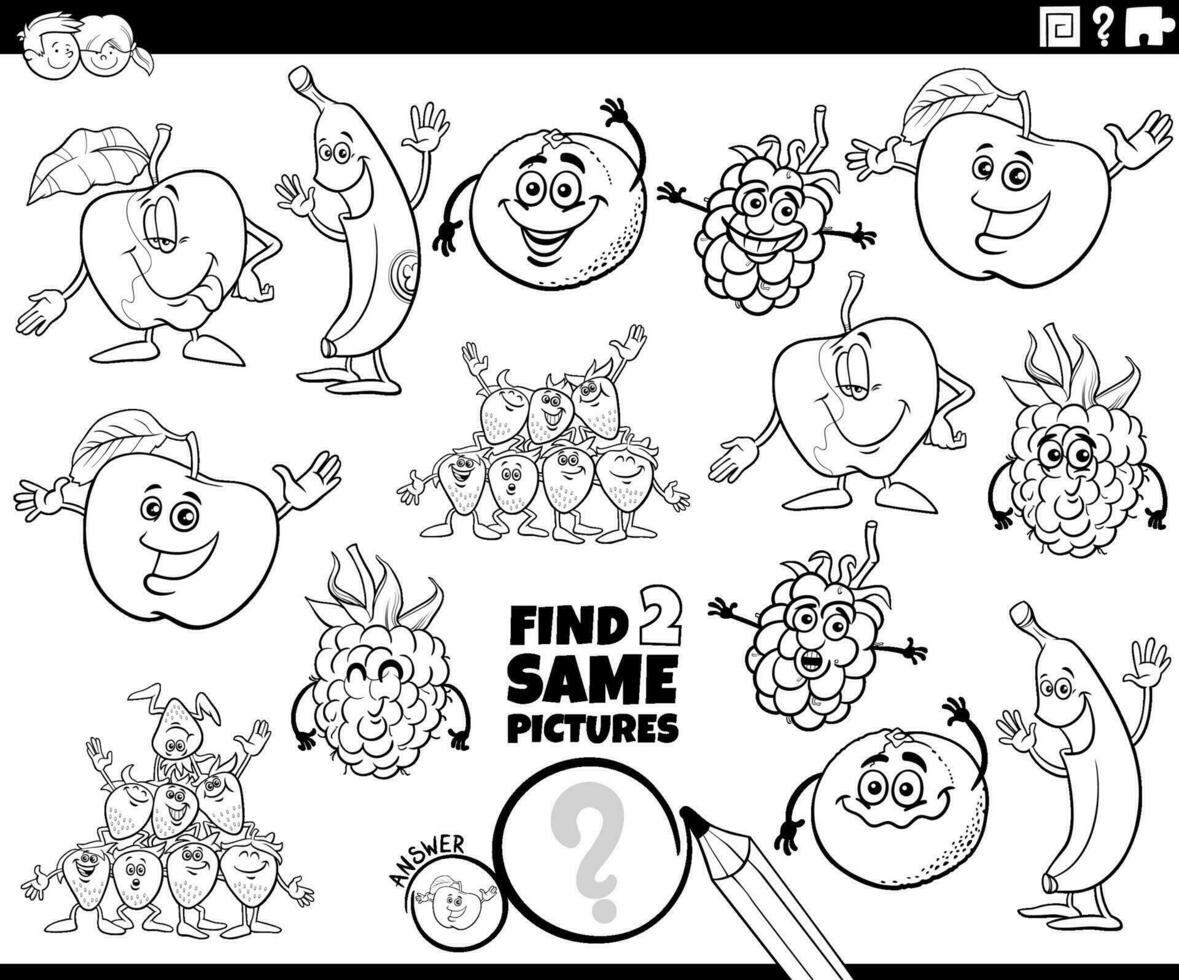 find two same cartoon fruit activity coloring page vector