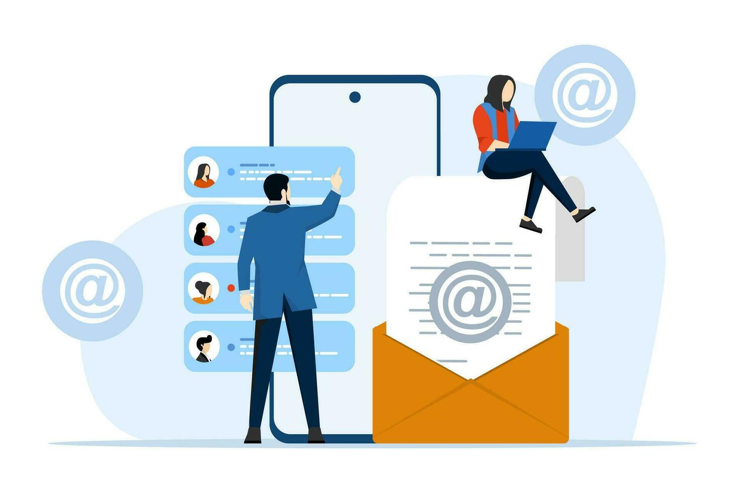 Email marketing campaigns and email promotions. online business strategy, Advertising, email newsletters, messaging, Characters send advertising letters and promotional offers with sales and discounts vector