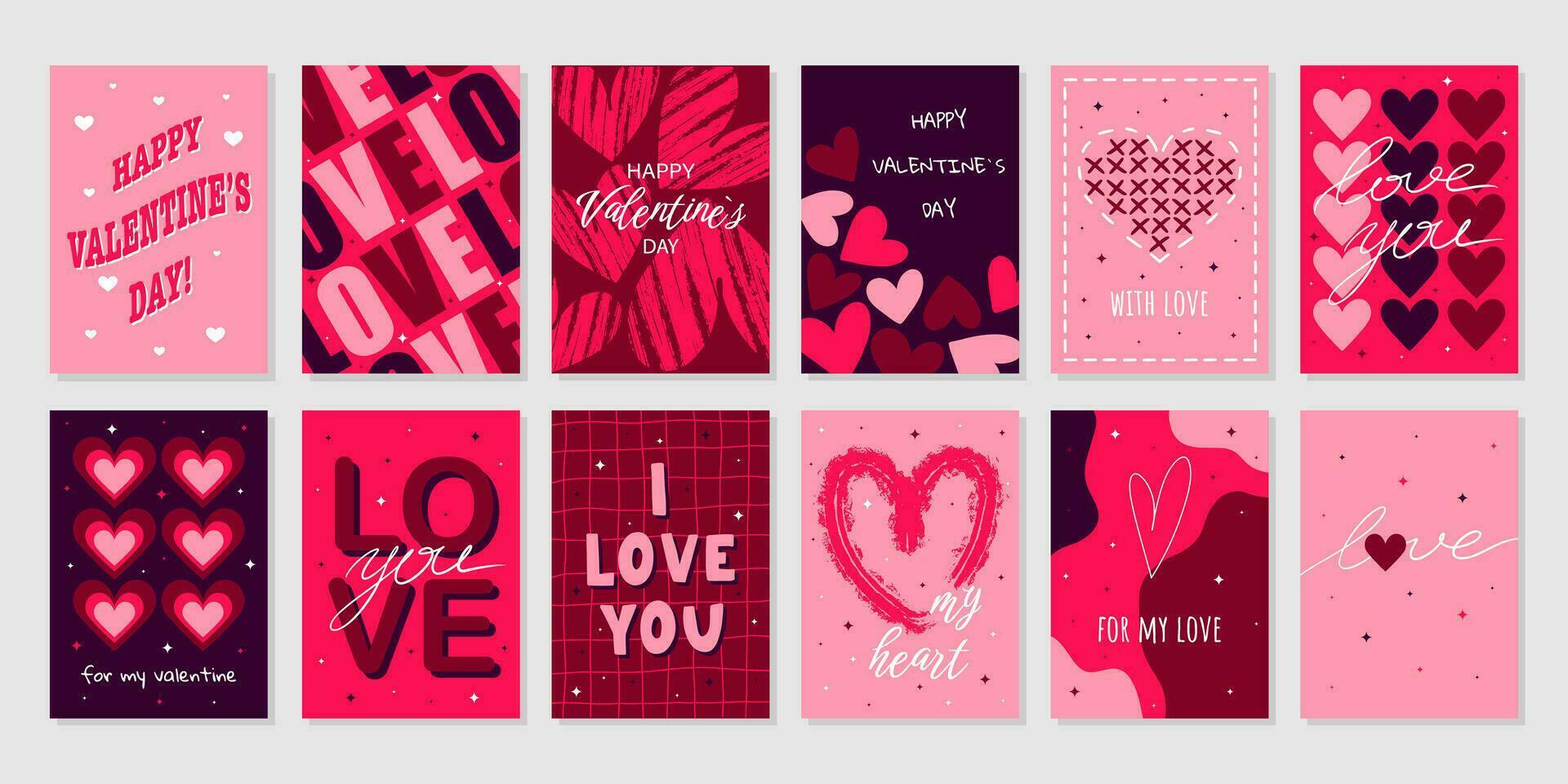 Big set Valentine's Day greeting cards. Hand drawn trendy cartoon heart, love lettering. Vector illustration