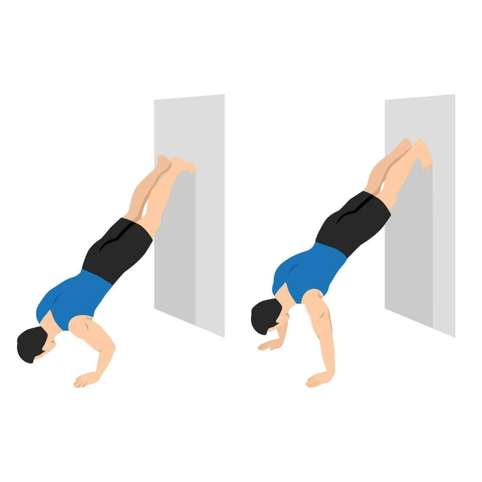 Man doing inverted wall push up exercise. vector