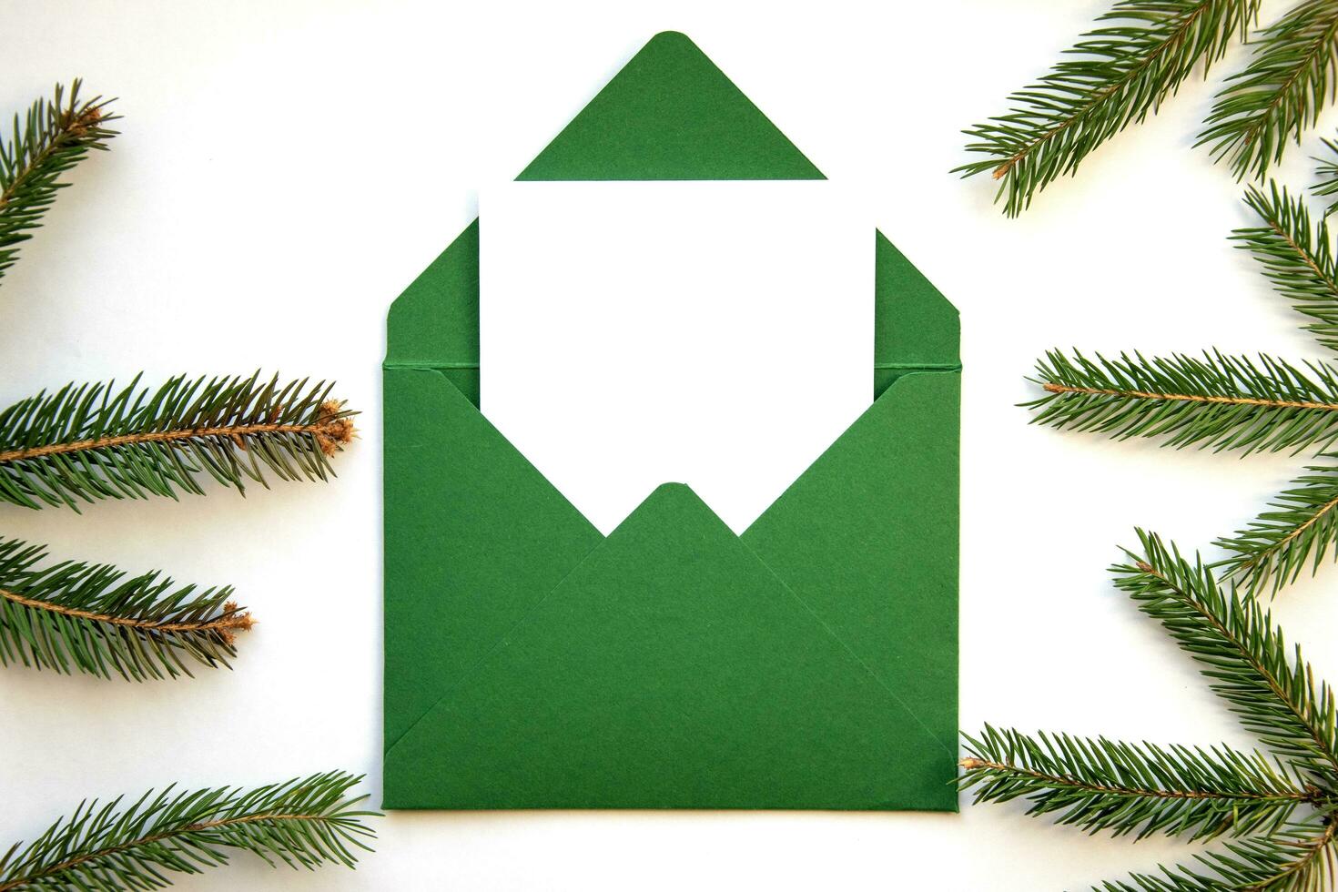 Fir branch on a white background. Green handmade envelope and blank for text. Christmas background. photo