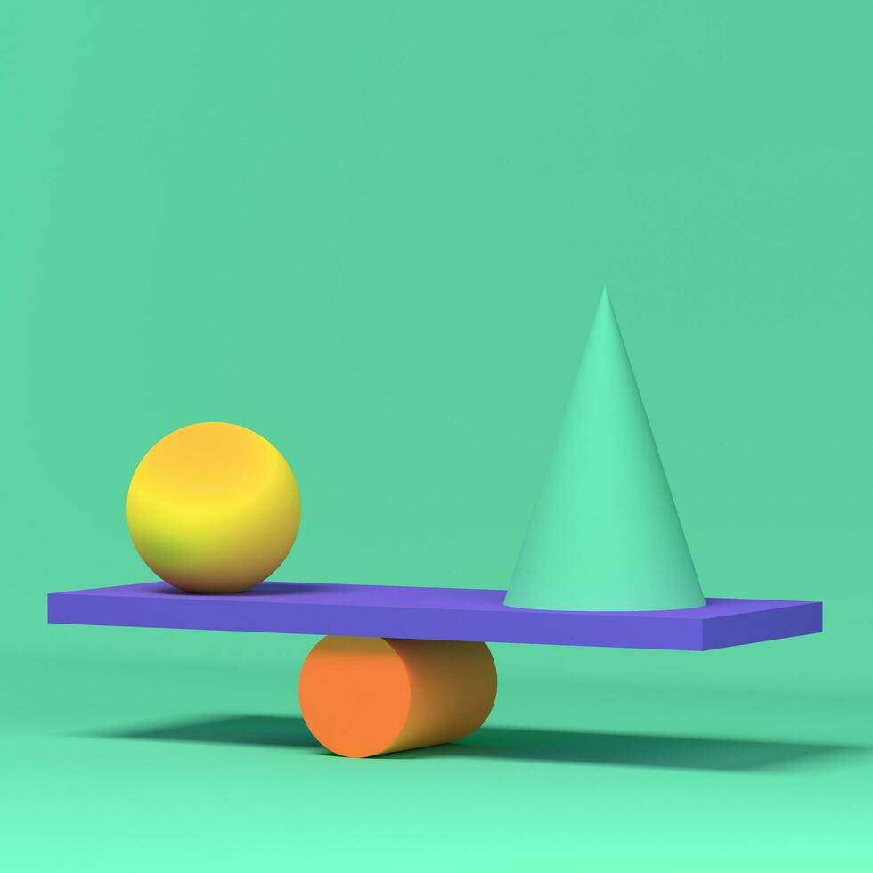 3D render of balancing geometric shapes. Mint geometric background. photo