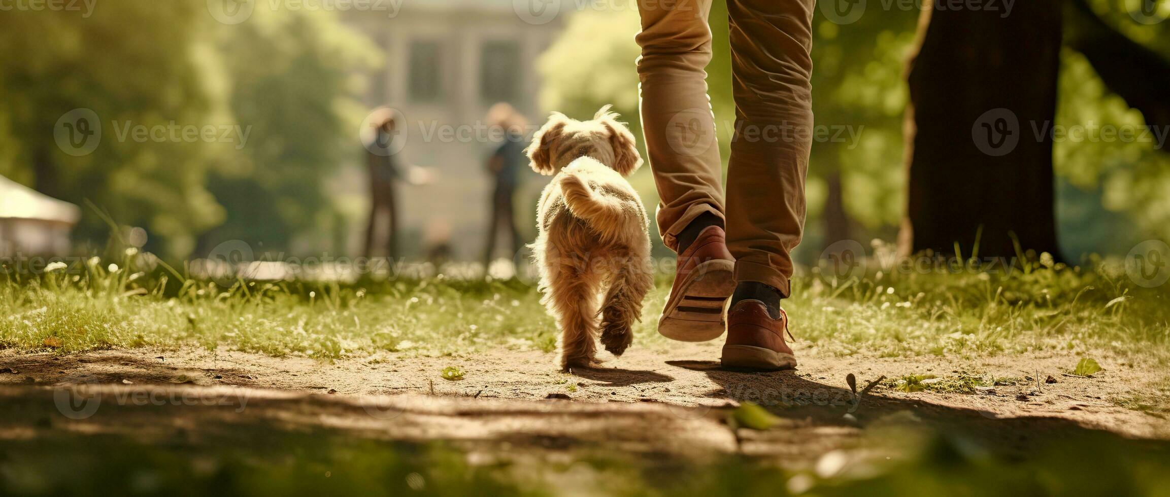 A dog with its owner on a walk in nature.  AI Generated photo