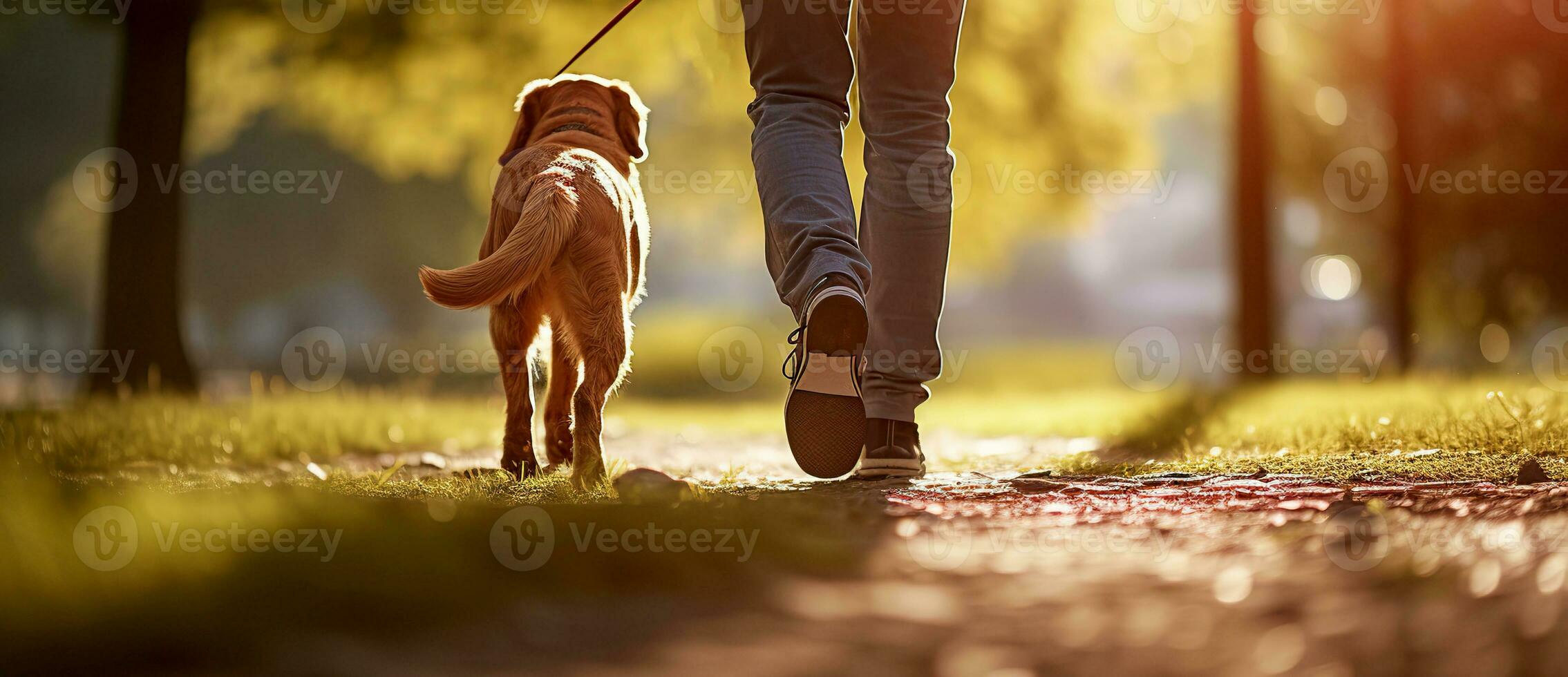 Man walking with his dog in the park on a sunny day.  AI Generated photo