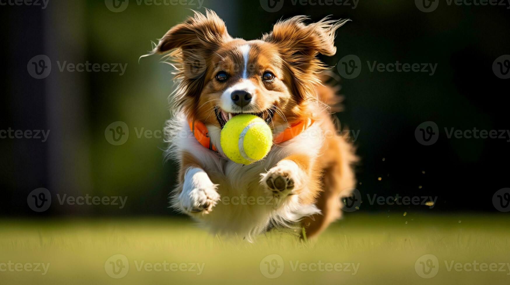 Cute dog running with a ball in his teeth.  AI Generated photo