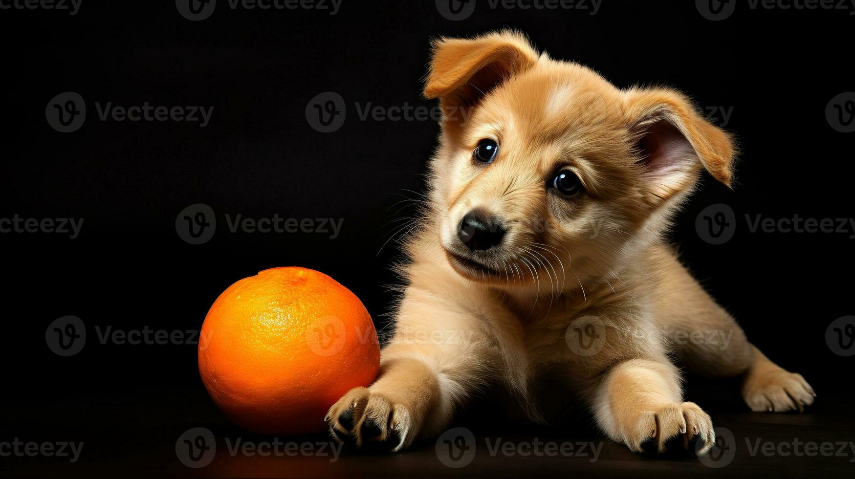 Funny puppy with an orange on a black background. Studio shot.  AI Generated photo