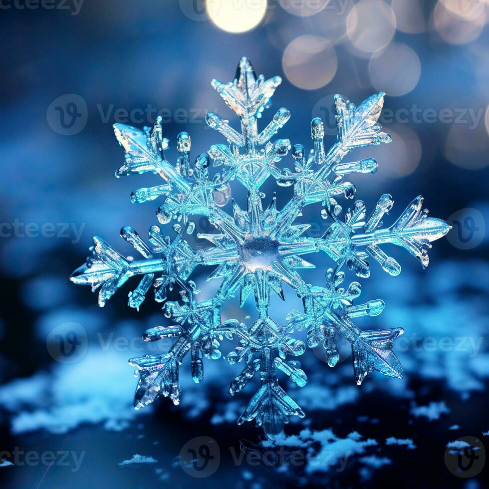 Winter blue background, snowflake and snow on the background of blurred lights. Fragile decorative snowflake.  AI Generated photo