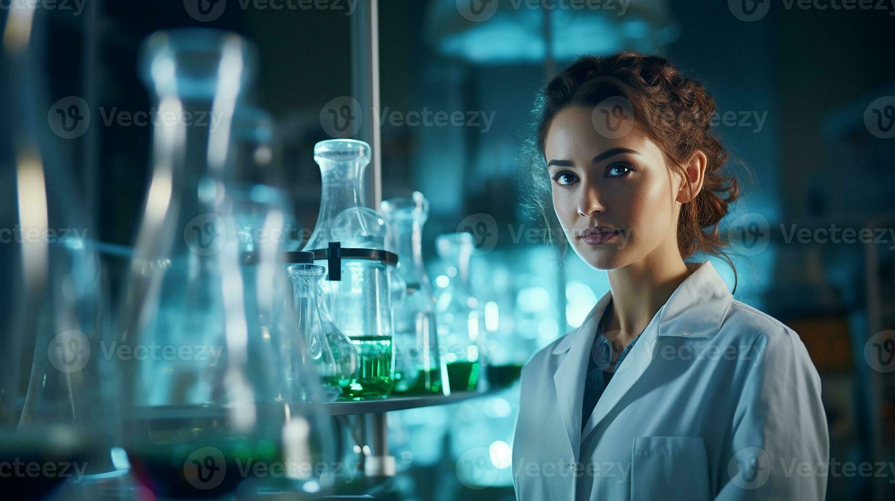 Portrait of a female scientist working in a laboratory. Science, chemistry, biology, medicine and people concept.  AI Generated photo