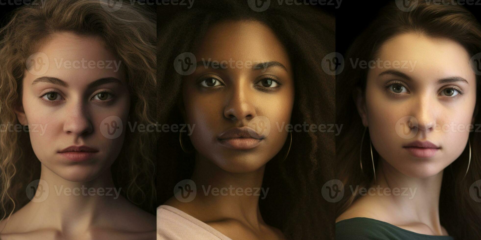 Diversity and women portraits studio shot. Three multiethnic women with different hairstyles.  AI Generated photo