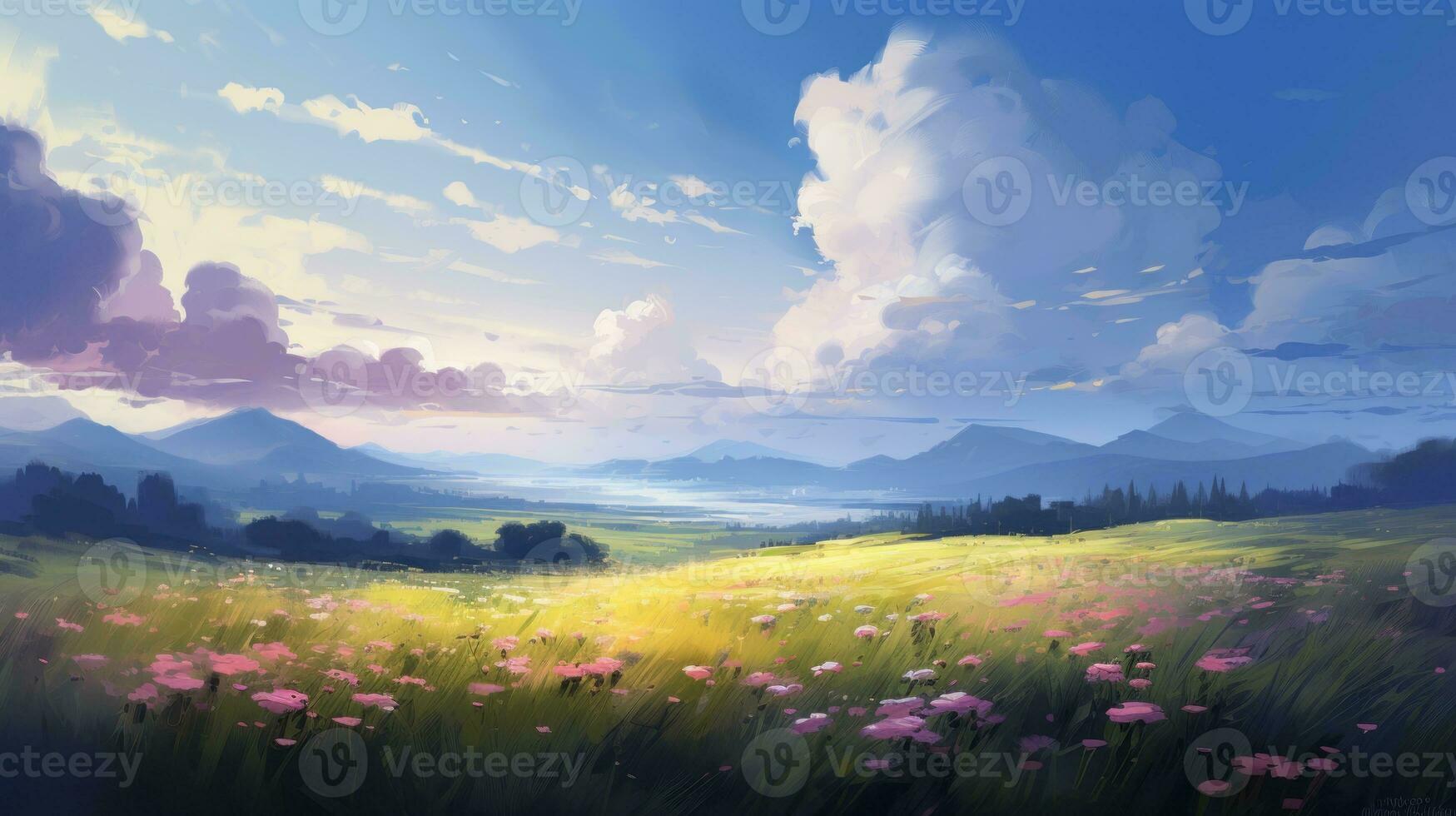 Beautiful landscape background. Cartoon summer sunrise with clouds, field, mountain and sunshine. Anime style photo