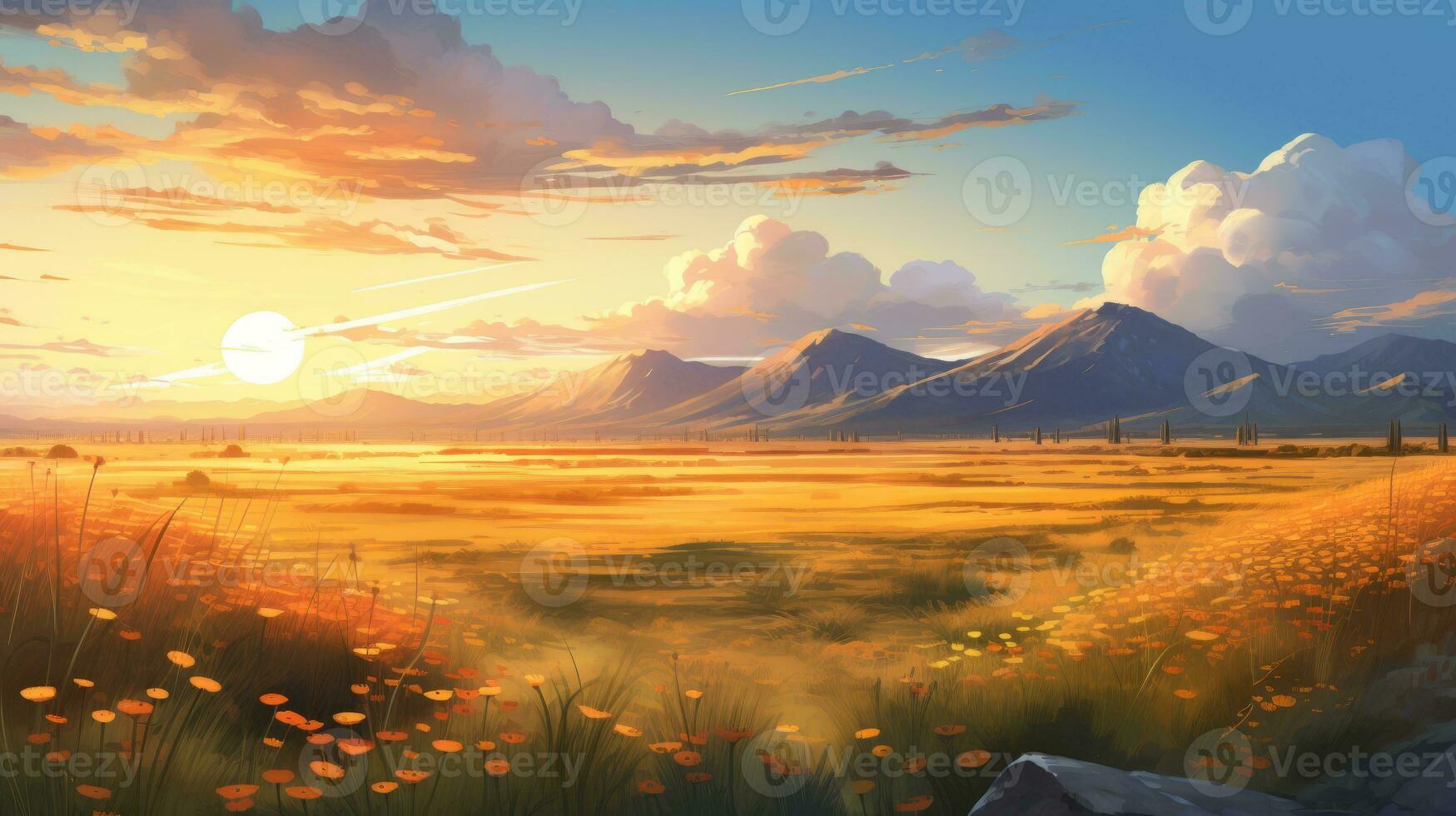 Beautiful landscape background. Cartoon summer sunrise with clouds, field, mountain and sunshine. Anime style photo