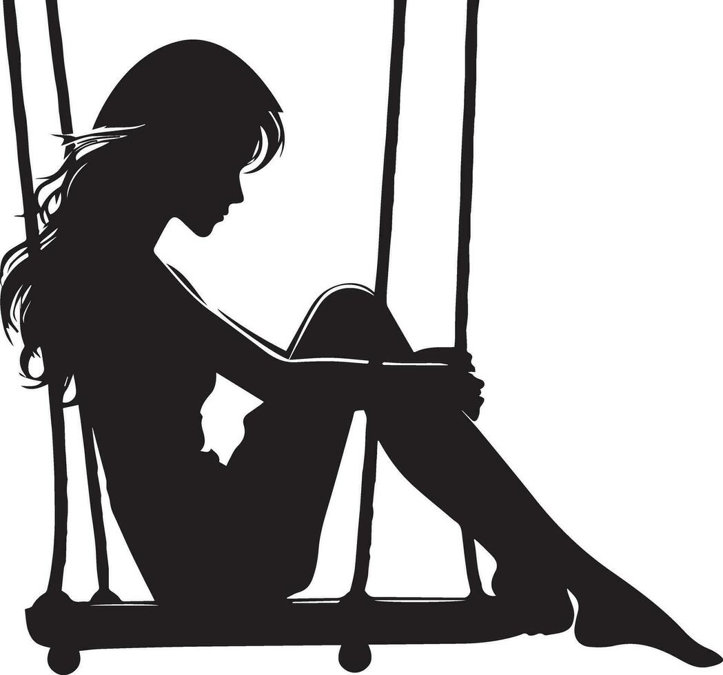 young girl sitting on the swing vector silhouette illustration black color white background 10