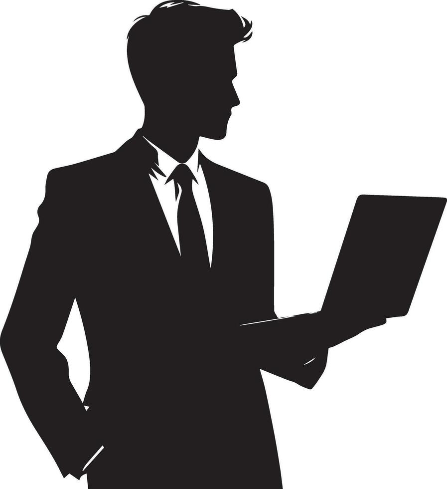 A Business man stand with laptop vector silhouette