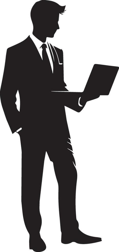 A Business man stand with laptop vector silhouette