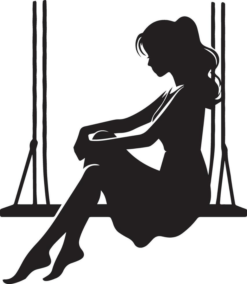 young girl sitting on the swing vector silhouette illustration black color white background 11