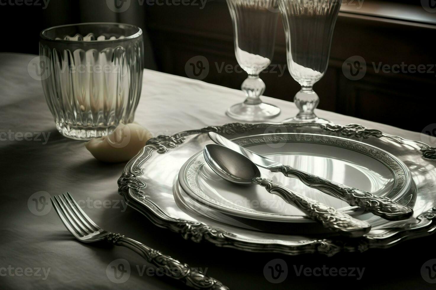 Silver plate serving on table. Generate Ai photo