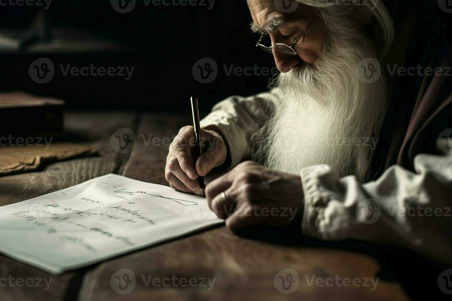 Man white beard writing letter. Generate Ai photo