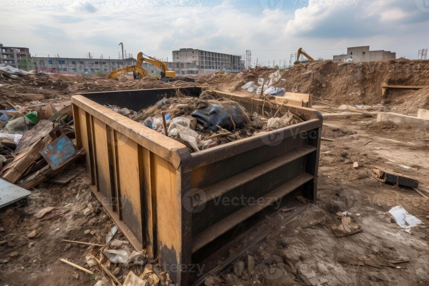 Dumpster construction filled waste village. Generate Ai photo