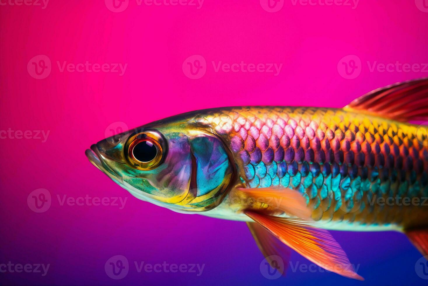 Colorful neon fish on bright pink background. Generate ai photo