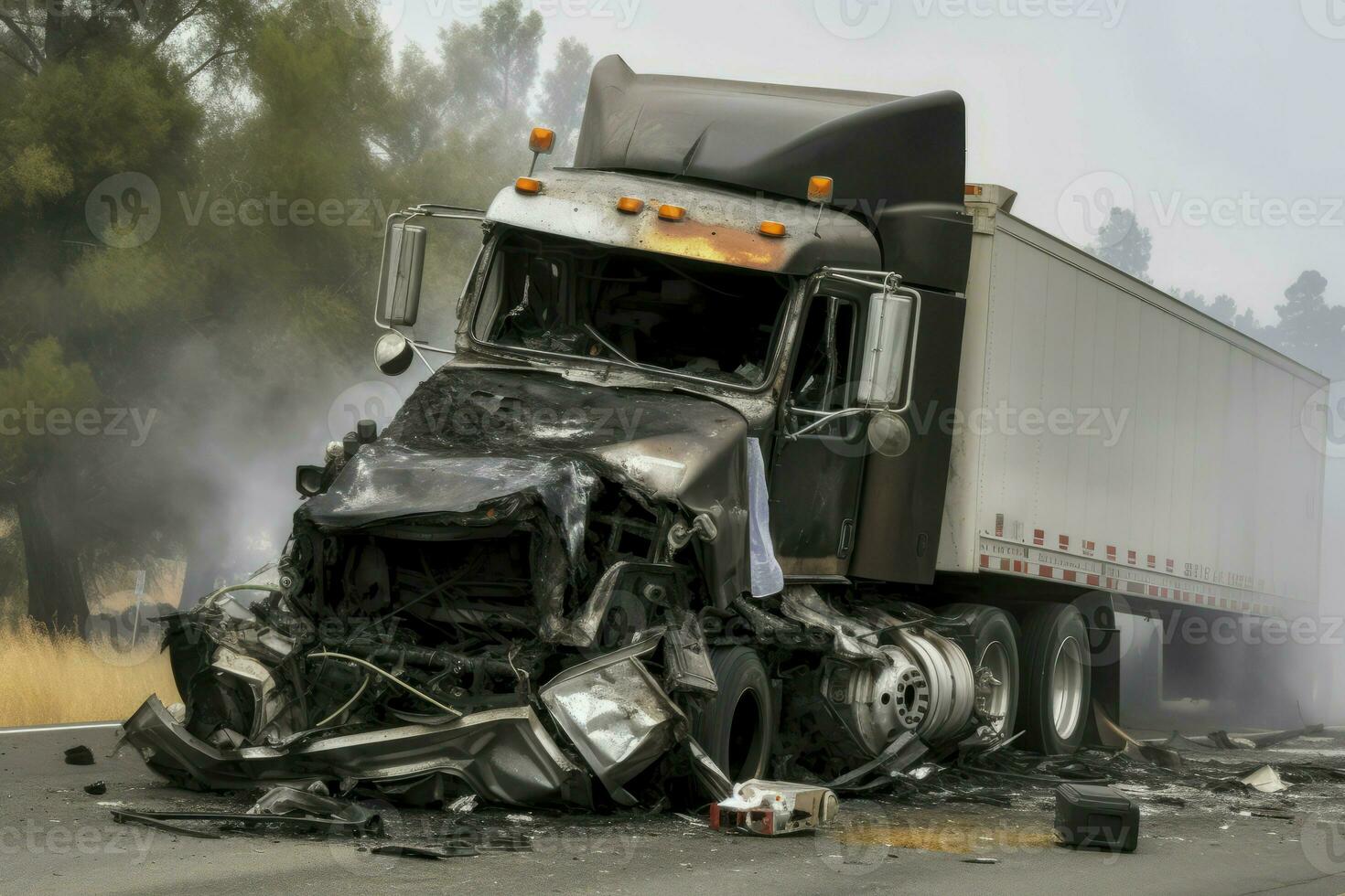 Devastating truck collision on road. Generate Ai photo