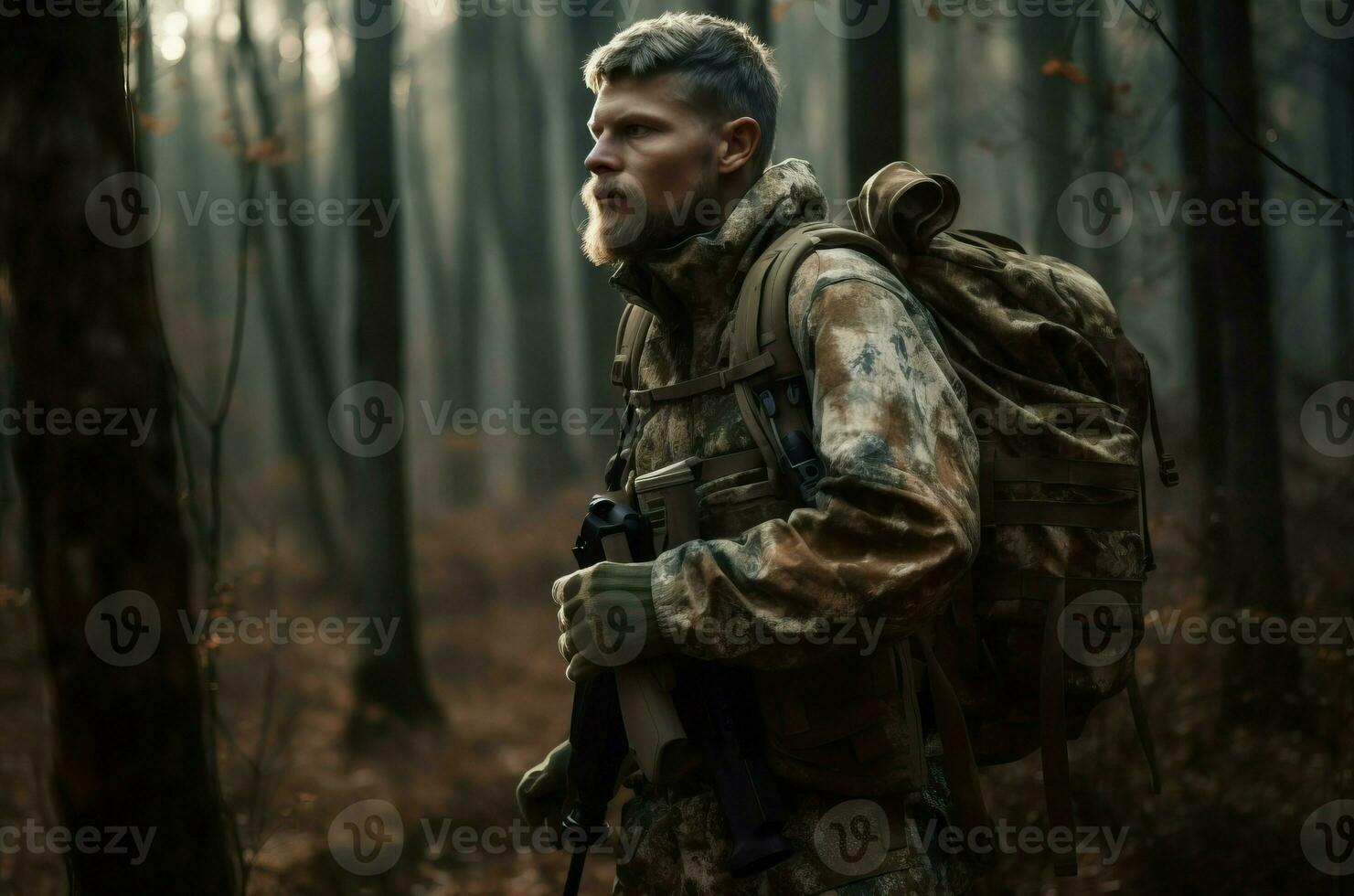 Man backpack camo in forest. Generate Ai photo