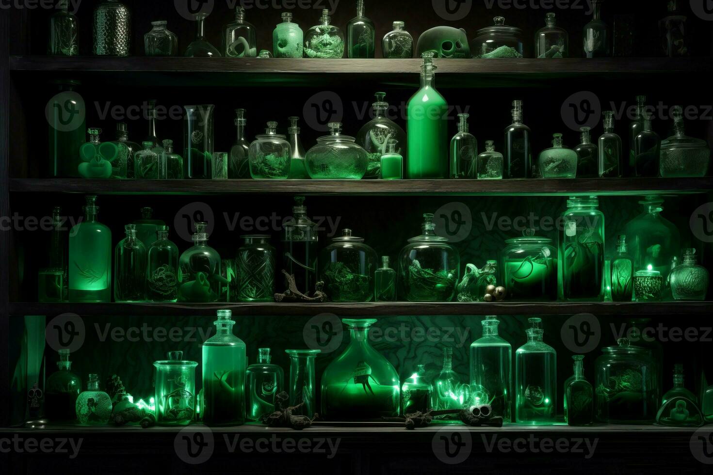 Green potions apothecary shelves. Generate Ai photo