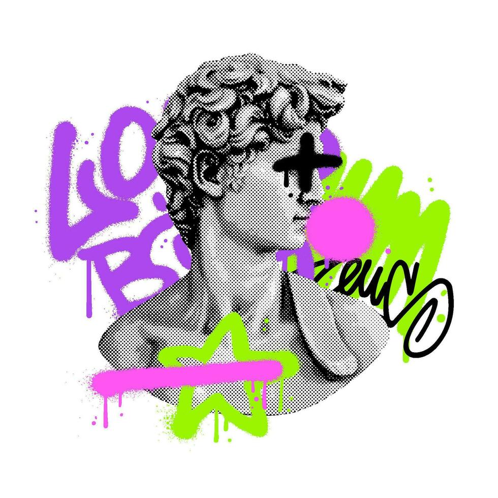 retrowave resumen mezclado medios de comunicación diseño con antiguo estatua busto con resumen urbano pintada calle Arte. 90s neón brillante dinámica elementos. vector ilustración.