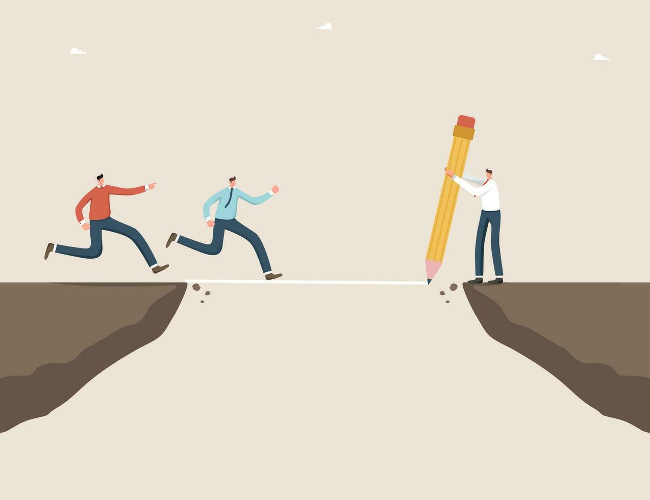 Leader draws path over cliff for employees to cross it vector