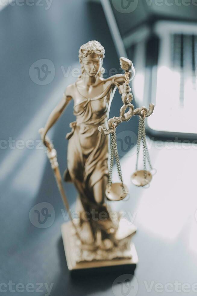 Consultation and conference of Male lawyers and professional businesswoman working and discussion having at law firm in office. Concepts of law, Judge gavel with scales of justice. photo