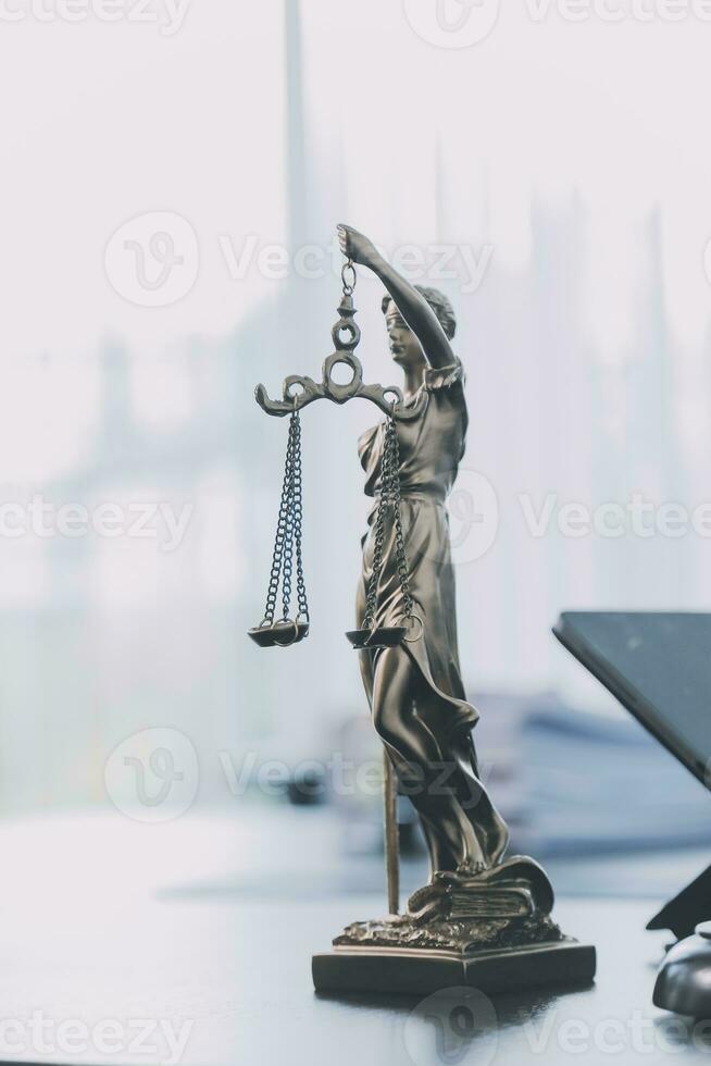 Business and lawyers discussing contract papers with brass scale on desk in office. Law, legal services, advice, justice and law concept picture with film grain effect photo