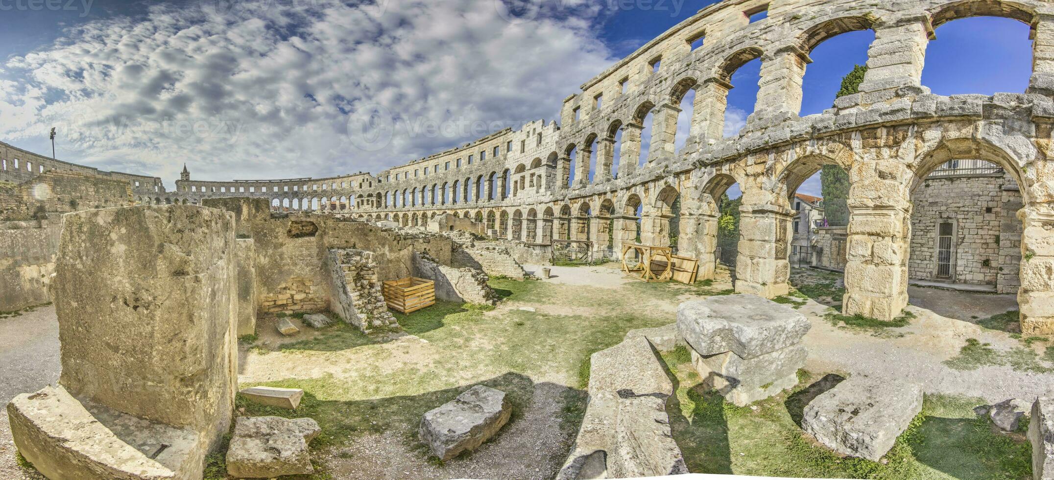 View inside the Roman amphitheater in the Croatian city of Pula without people photo