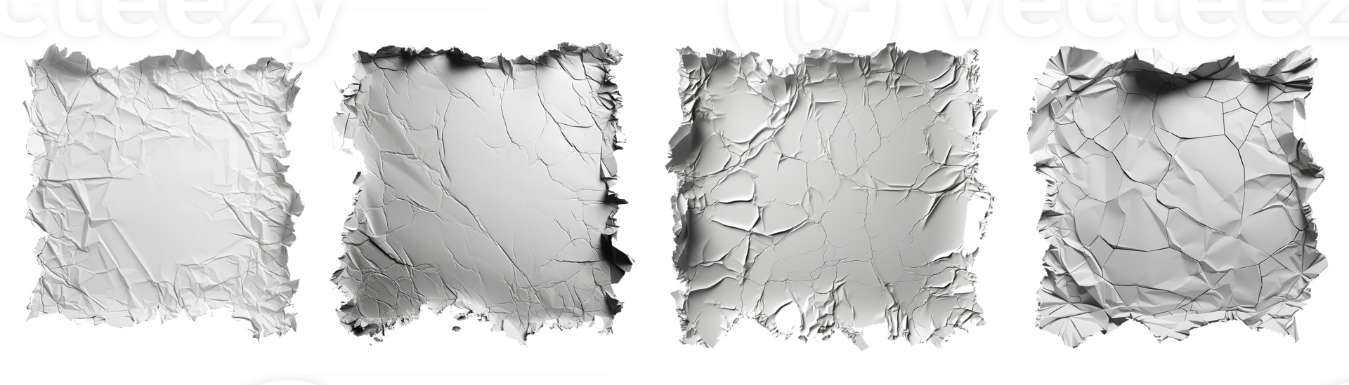 Pieces of torn white paper. Set of paper sheets with ripped edges. Blank square paper scraps with ragged and broken borders. Isolated on transparent background. Generative AI png