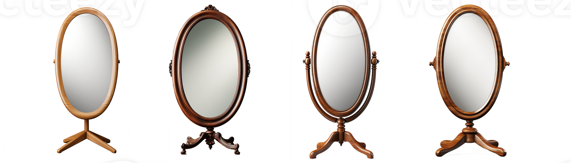 Set of mirror in wooden frame. oval standing mirror with vintage wooden frame. Isolated on transparent background. Generative AI png