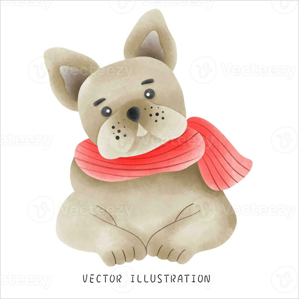 Watercolor Style French Bulldog Wearing Christmas Hat - Festive Hand-Drawn Illustration photo