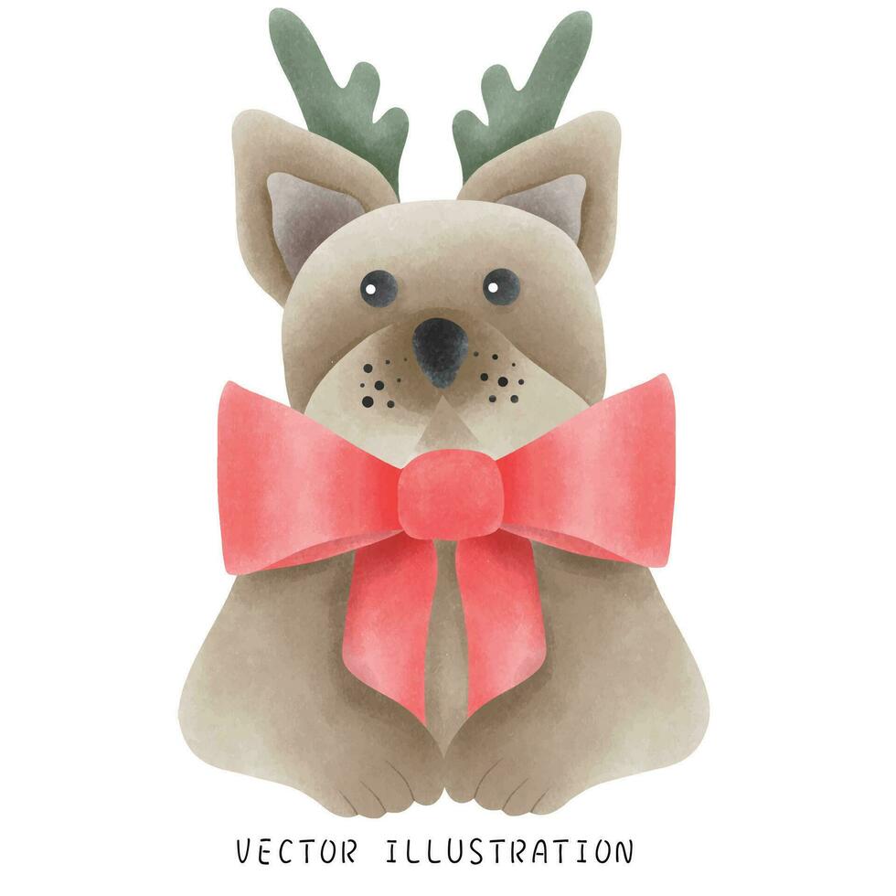 Watercolor Style French Bulldog Wearing Christmas Hat - Festive Hand-Drawn Illustration vector