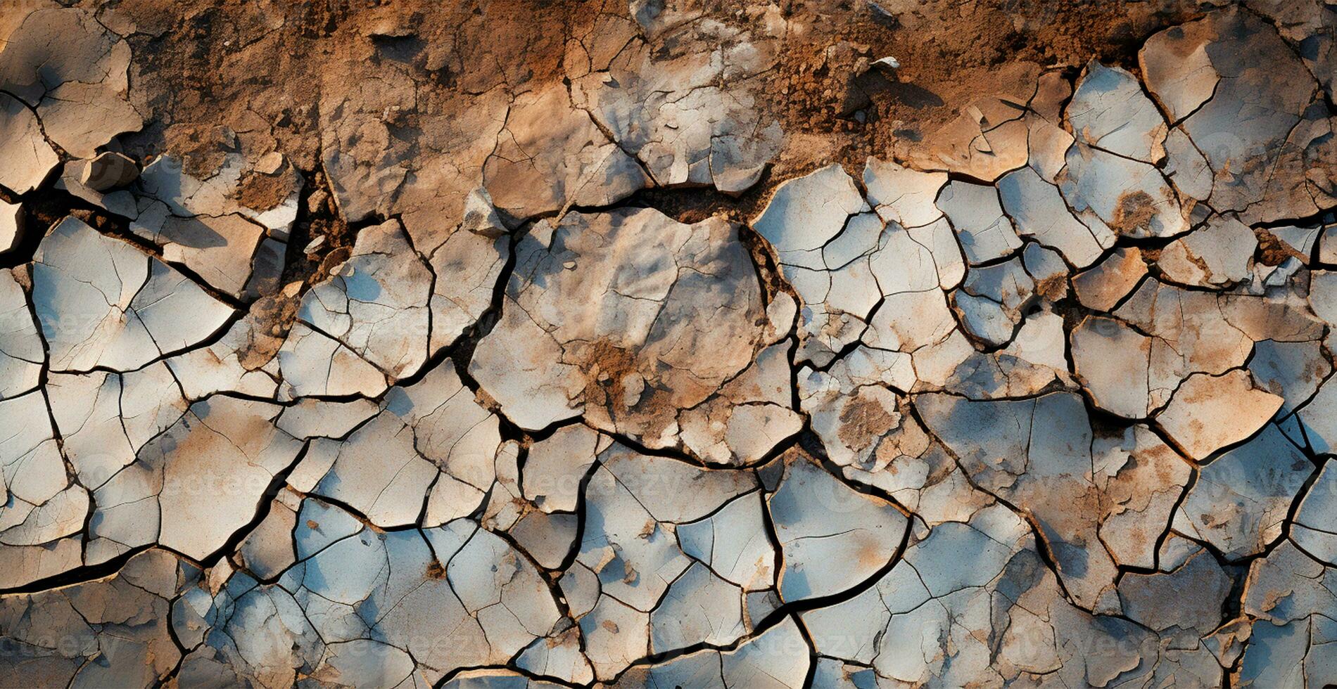 Cracked dry ground, global drought, ground texture, panoramic background - AI generated image photo