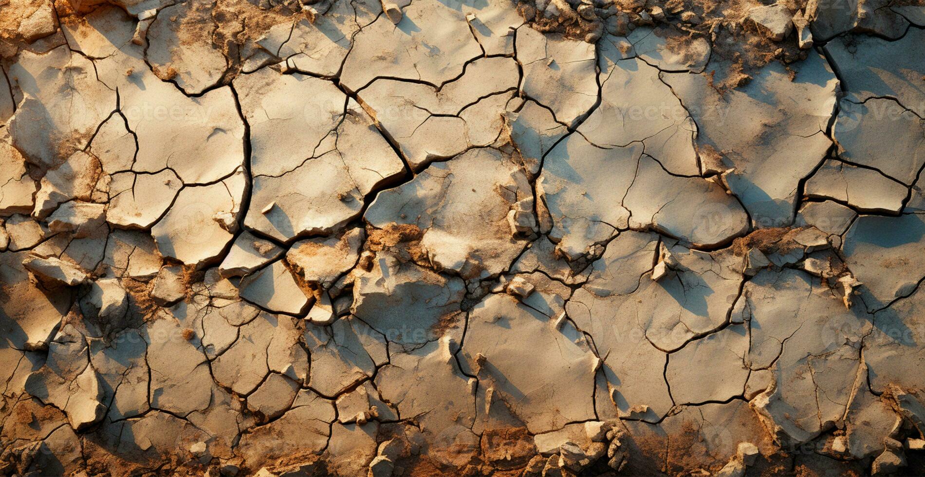 Cracked dry ground, global drought, ground texture, panoramic background - AI generated image photo