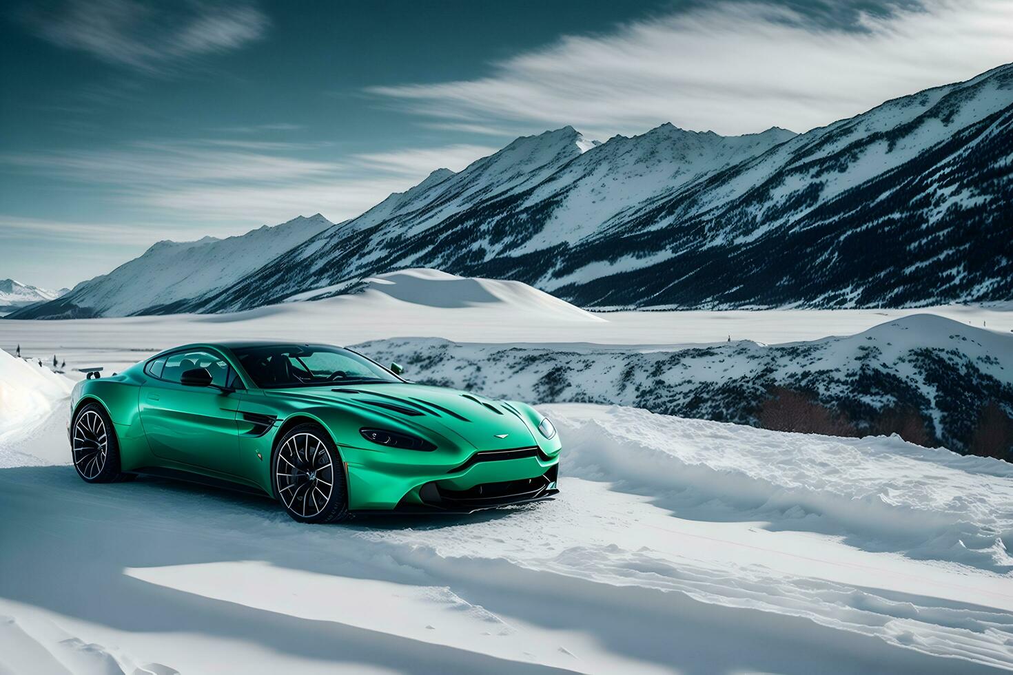 A Aston Martin Vantage green on an ice road in mountainous areas generated by Ai photo