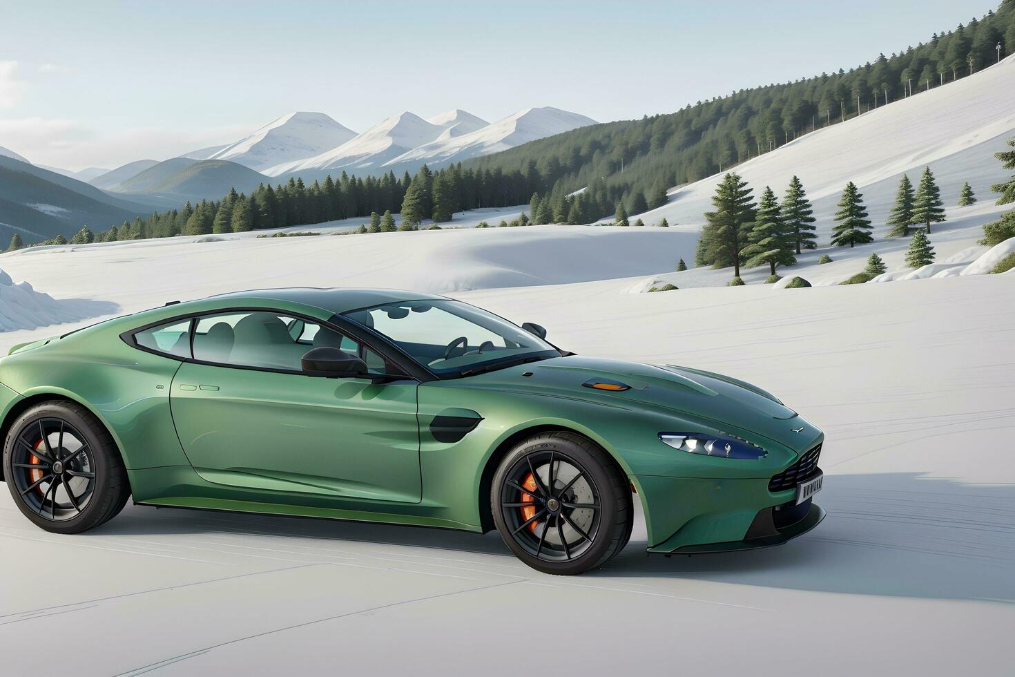 A Aston Martin Vantage green on an ice road in mountainous areas generated by Ai photo