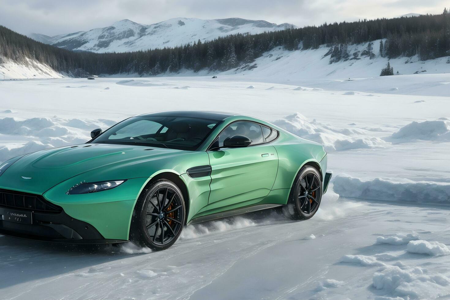 A Aston Martin Vantage green on an ice road in mountainous areas generated by Ai photo
