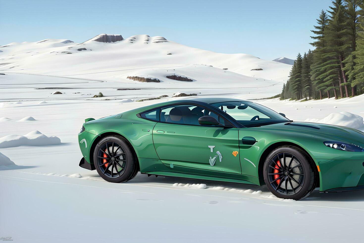 A Aston Martin Vantage green on an ice road in mountainous areas generated by Ai photo