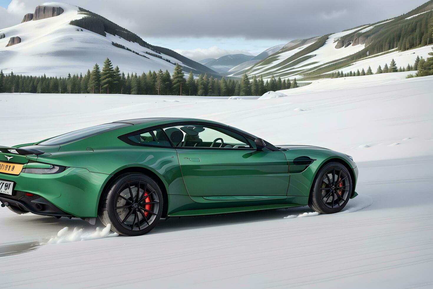 A Aston Martin Vantage green on an ice road in mountainous areas generated by Ai photo