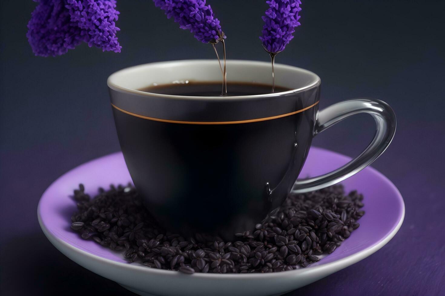 A cup of dark coffee with a single leaf of basi generated by Ai photo