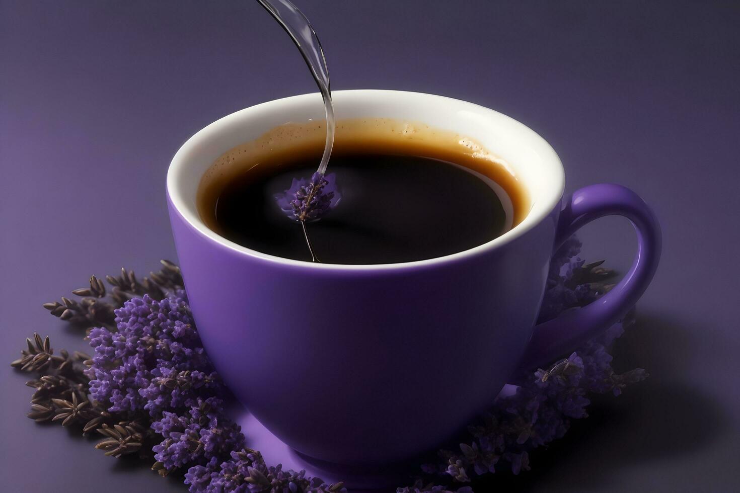 A cup of dark coffee with a single leaf of basi generated by Ai photo