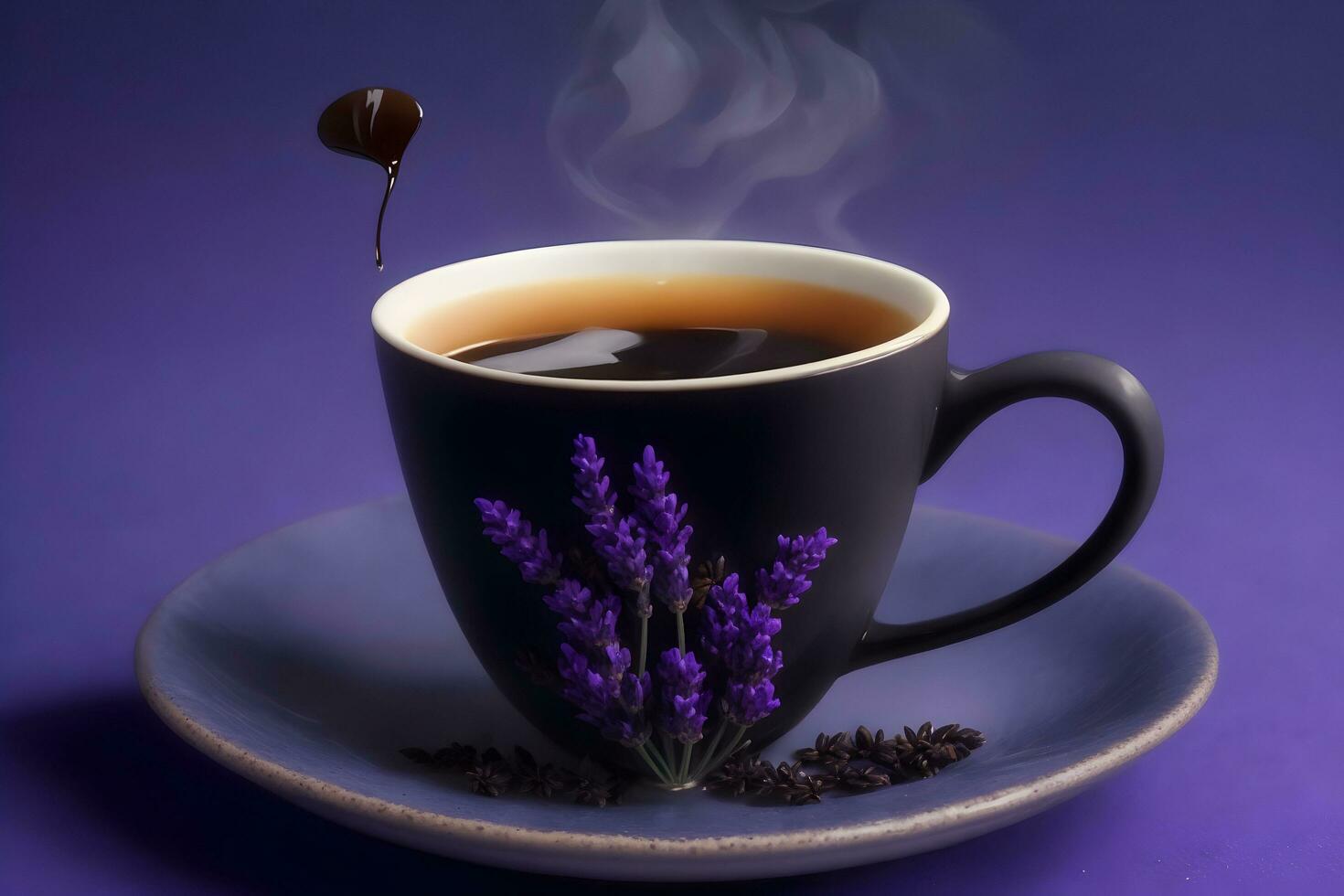 A cup of dark coffee with a single leaf of basi generated by Ai photo